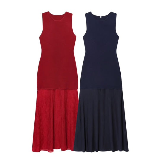 Women's New Fashion Sleeveless Knitted Splicing Midi Dress