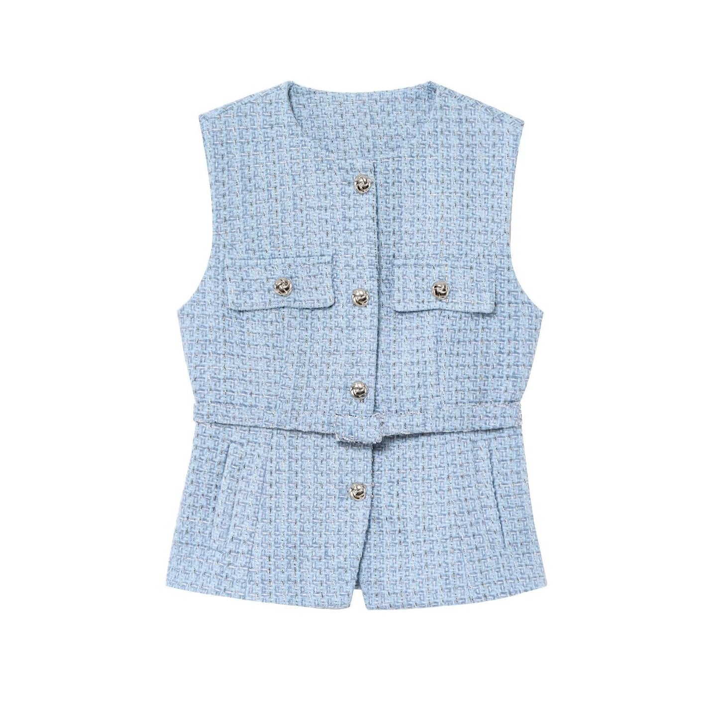 Women's new fashion with Belt bead decoration sleeveless textured vest
