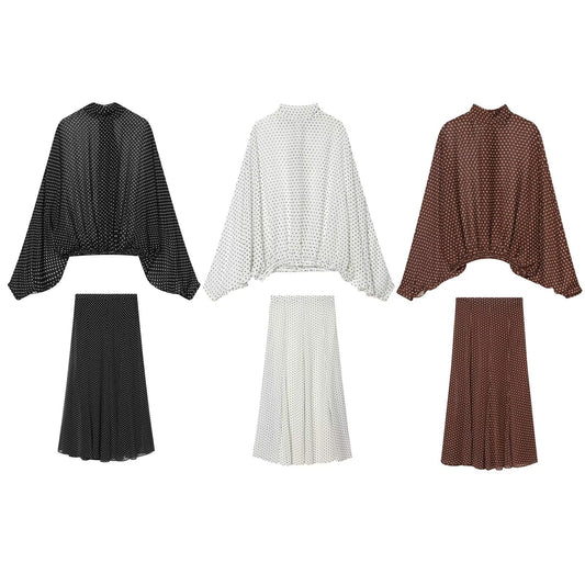 suit Women's 2 pieces bow decoration polka dot shirt+Skirts