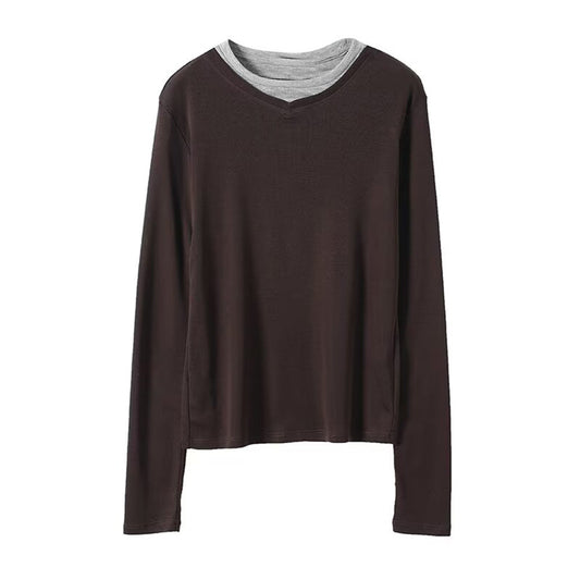 Women's new interior style double-layer O Neck long sleeved T-shirt
