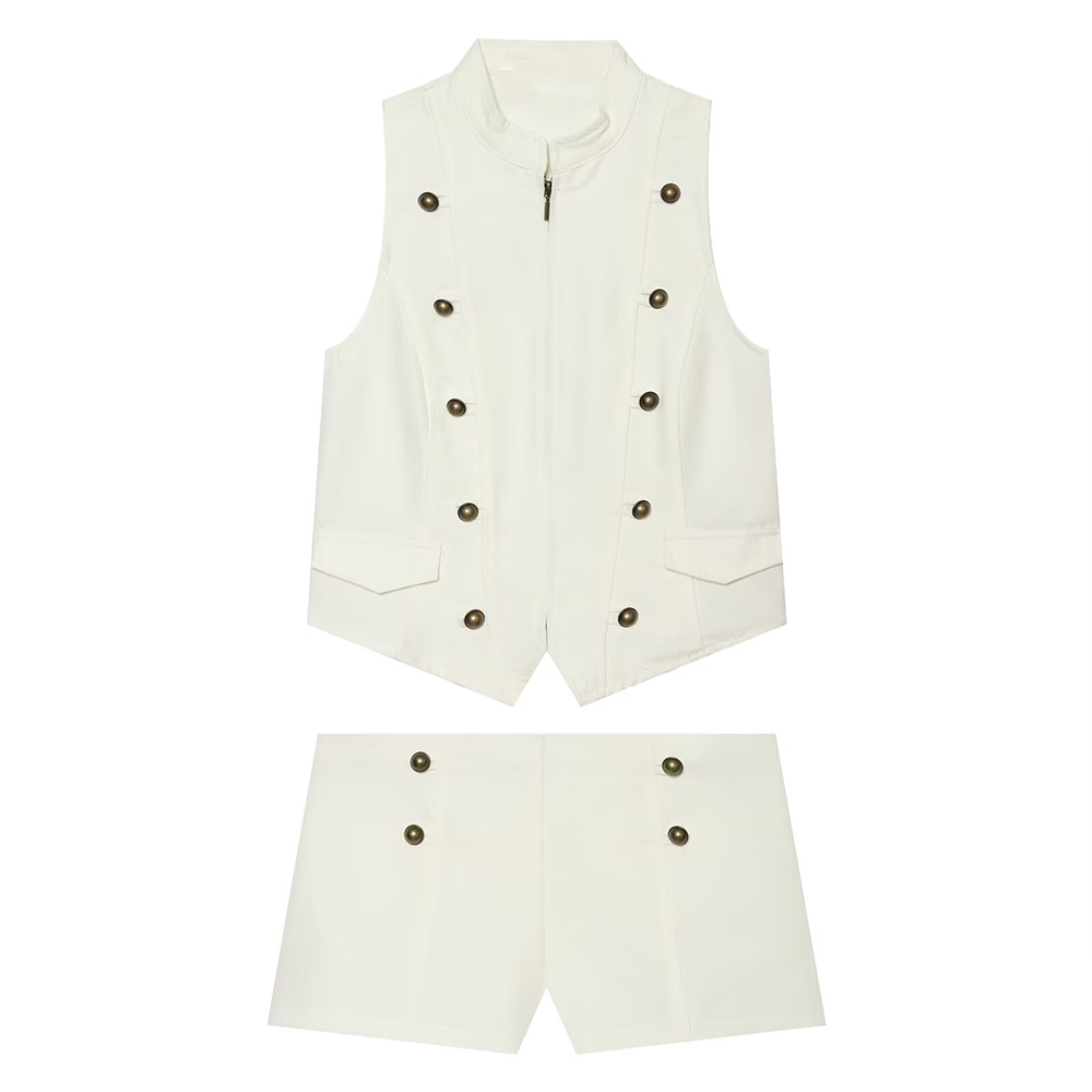 suit Women's 2 pieces zipper button up decoration sleeveless top+shorts