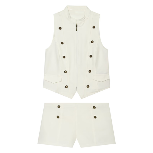 suit Women's 2 pieces zipper button up decoration sleeveless top+shorts