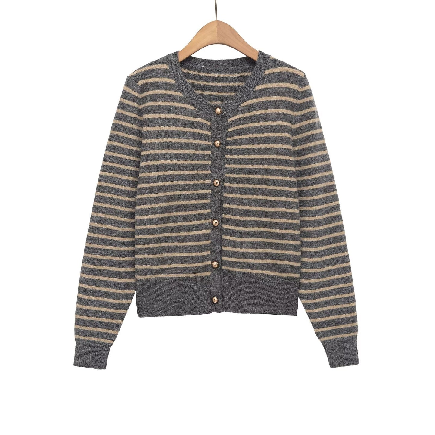 Women's soft textured O Neck striped knitted Coat