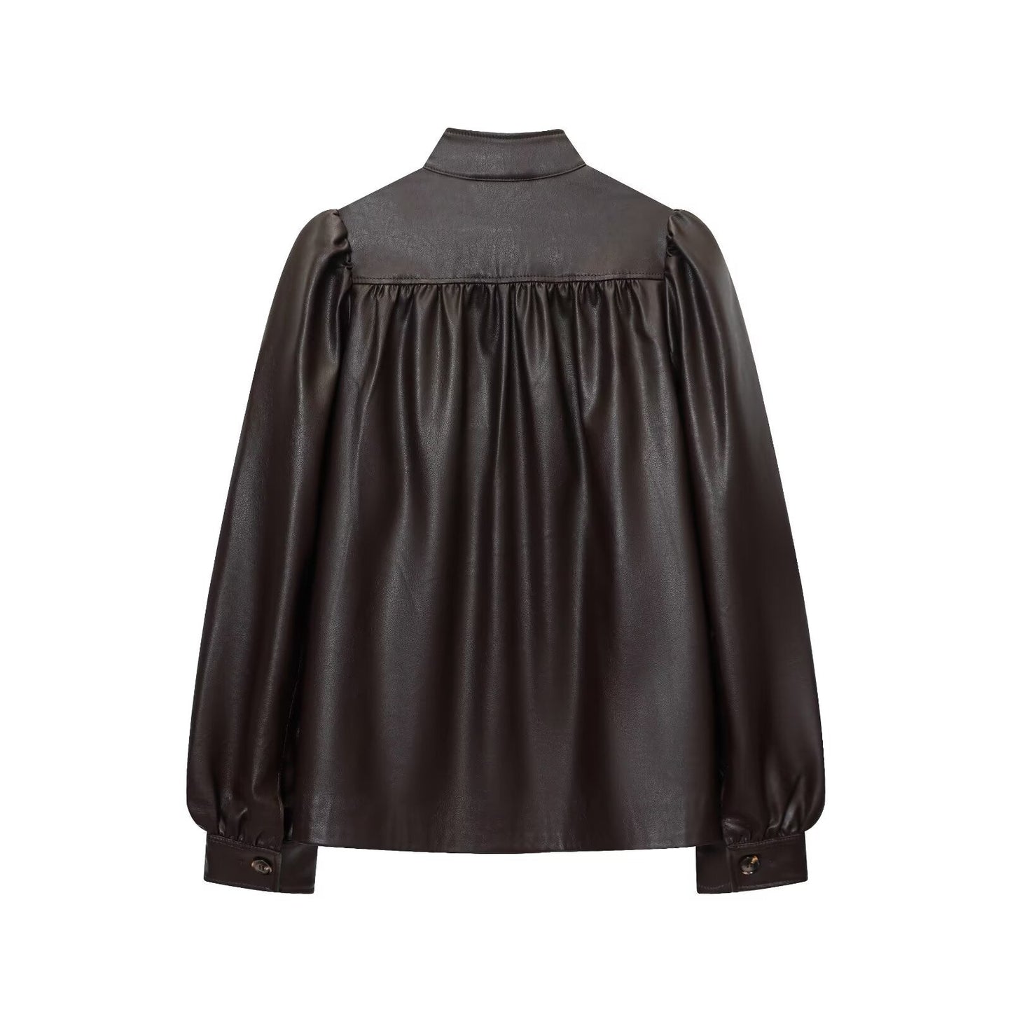 Women's pleated design stand collar faux leather jacket Coat