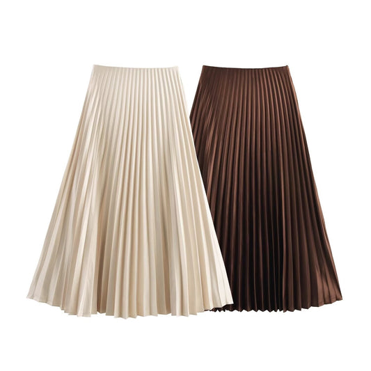 Women's new fashion loose satin texture MIDI skirt casual versatile pleated MIDI skirt retro mid waist side zipper women's skirt Mujer
