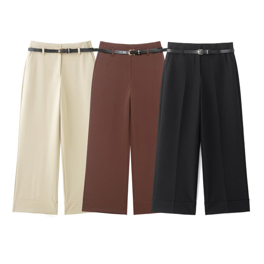 Women's rolled hem design casual With Belt pants