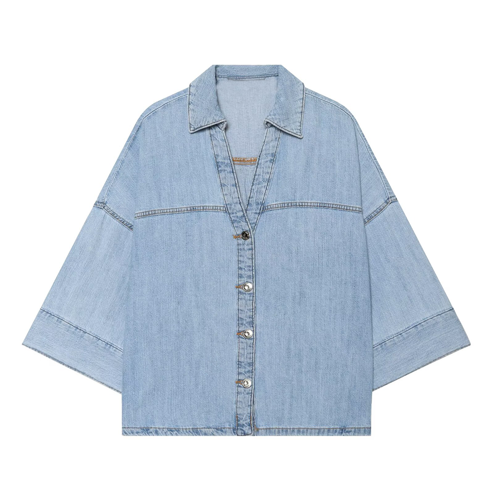 suit Women's 2 pieces wide sleeved denim shirt+wide leg jeans