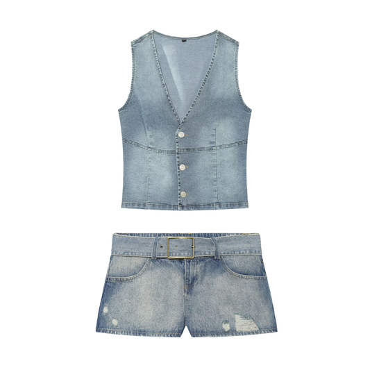 suit Women's 2 pieces slim denim vest style top+denim shorts