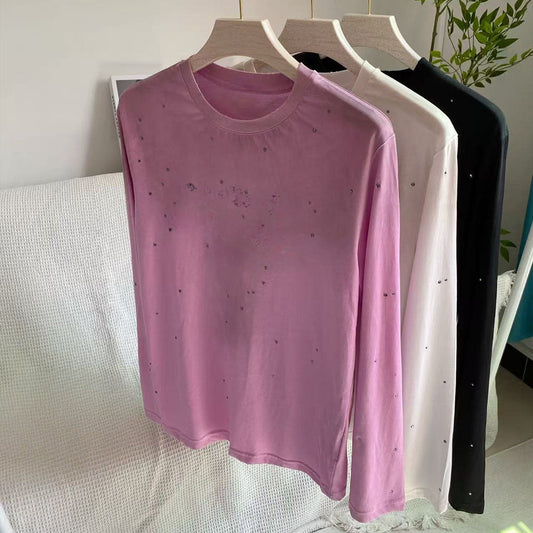 Women's new rhinestone decorated round neck long sleeve T-shirt