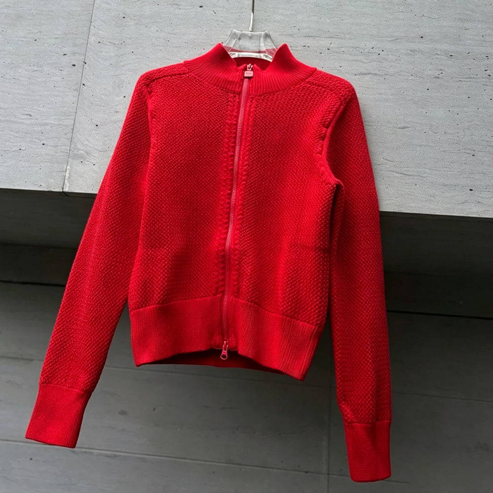 Women's new zipper knitted round neck long sleeve coat