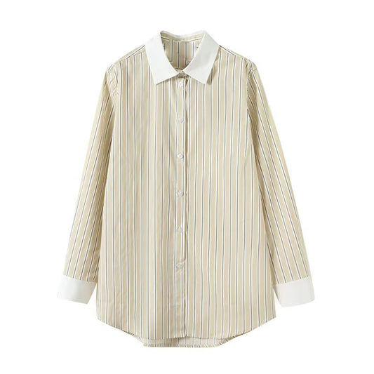 Women's new loose contrasting striped lapel shirt