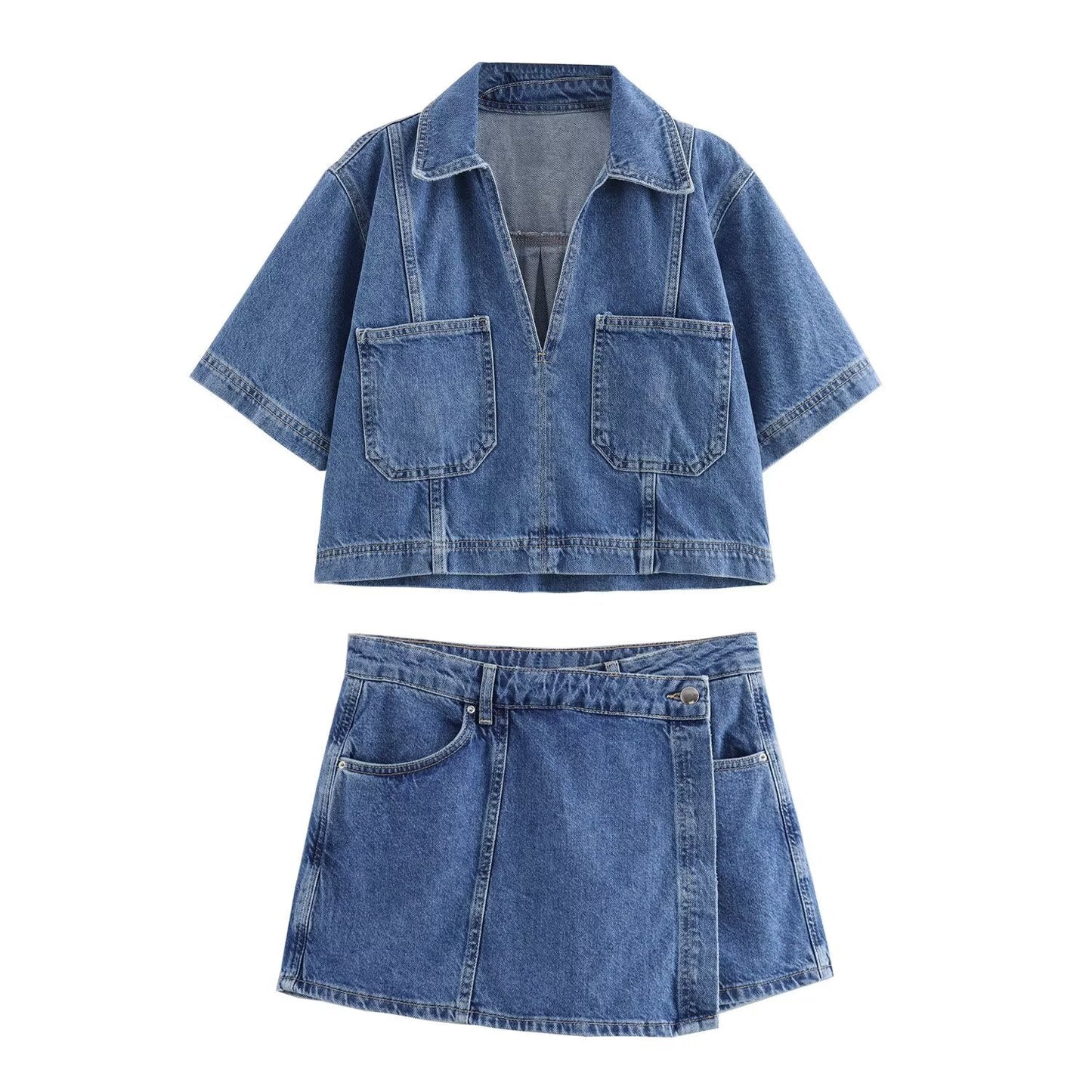 Ladies' new fashion casual short denim shirt retro short sleeved women's shirt chic top+Shorts Skirts Women's suit
