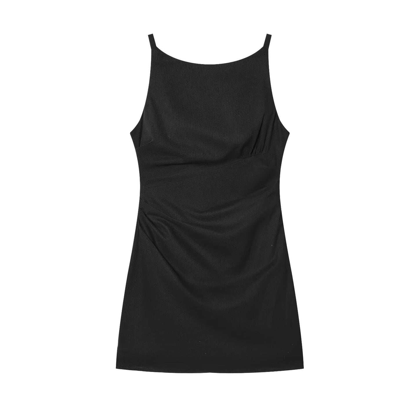 Women's new fashion cotton linen blend pleated suspender mini dress