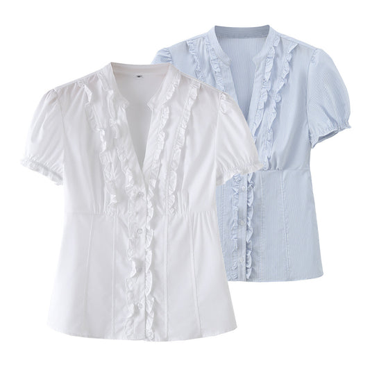 Women's slim cotton bubble sleeve poplin shirt