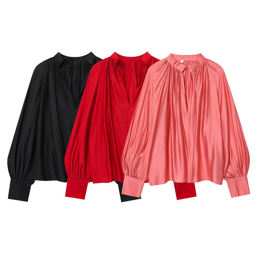 Women's pleated decorative lantern sleeve shirt