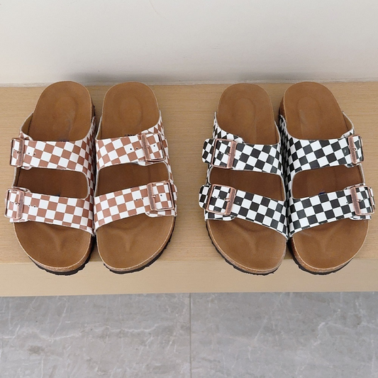 Women's 2026 new fashion cork checkerboard double buckle slippers