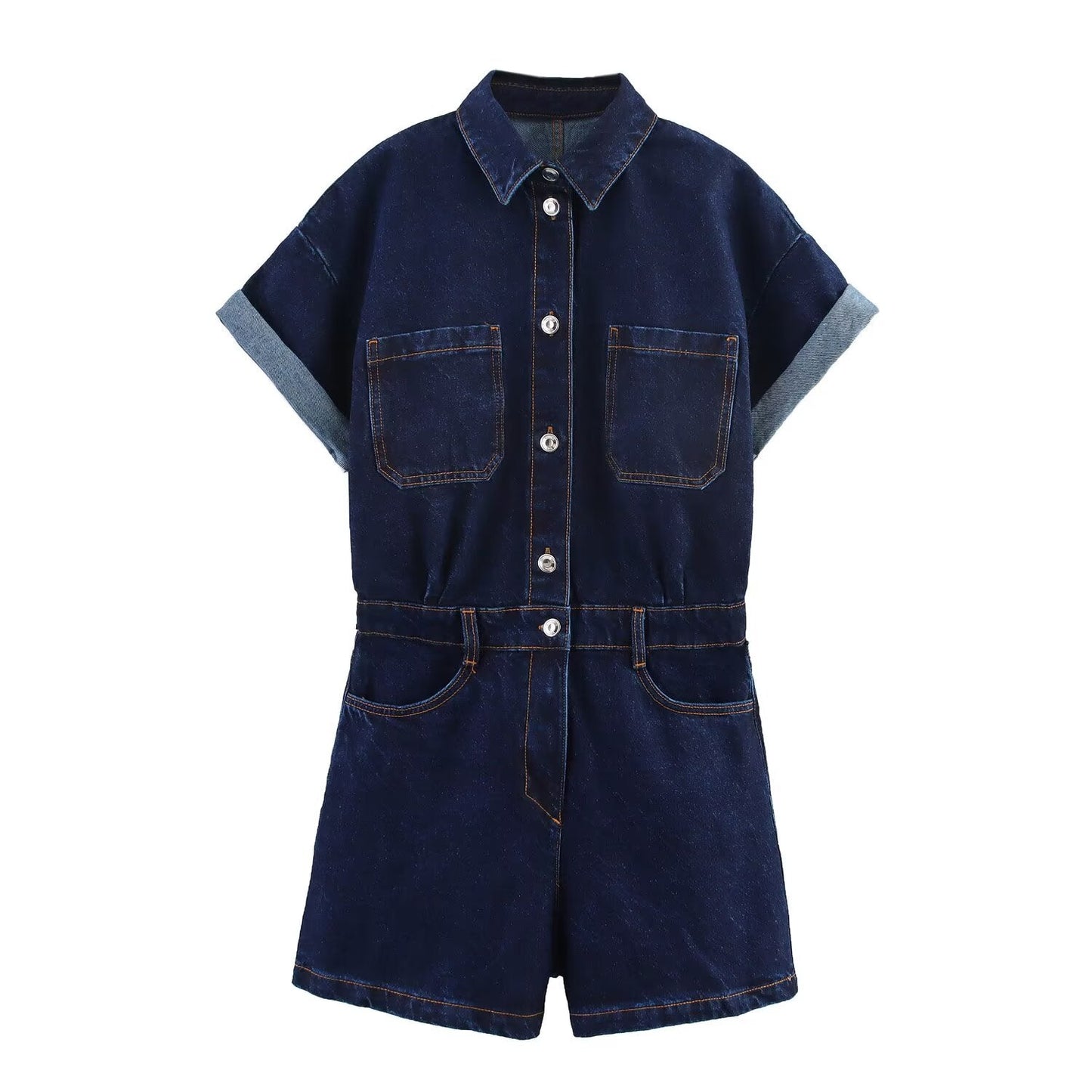 Women's new fashion short sleeved single breasted denim jumpsuit
