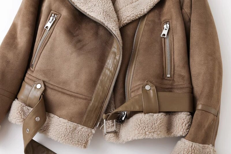 Women's with Belt double-sided Fur Faux Leather jacket Coat