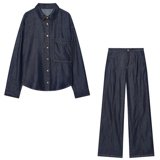 suit Women's 2 pieces loose Lapel denim shirt+Jeans