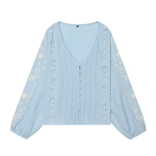 Women's contrasting embroidered V-neck shirt