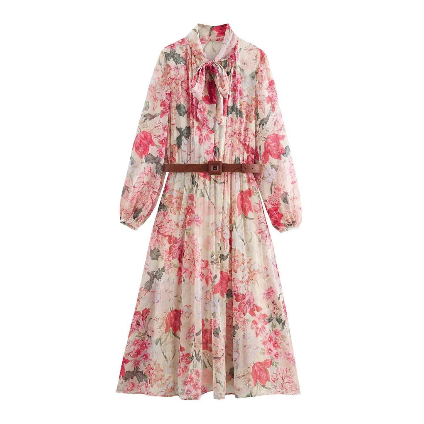 Women's new chic Fashion with Belt bow tie decoration loose flower print MIDI dress retro long sleeved women's dress Mujer