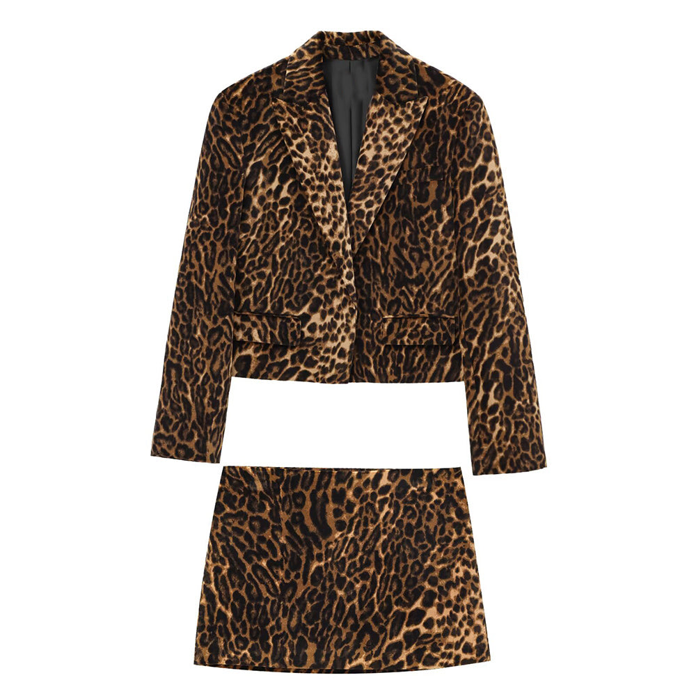 Women's new fashion short printed striped velvet suit jacket+Skirts suit