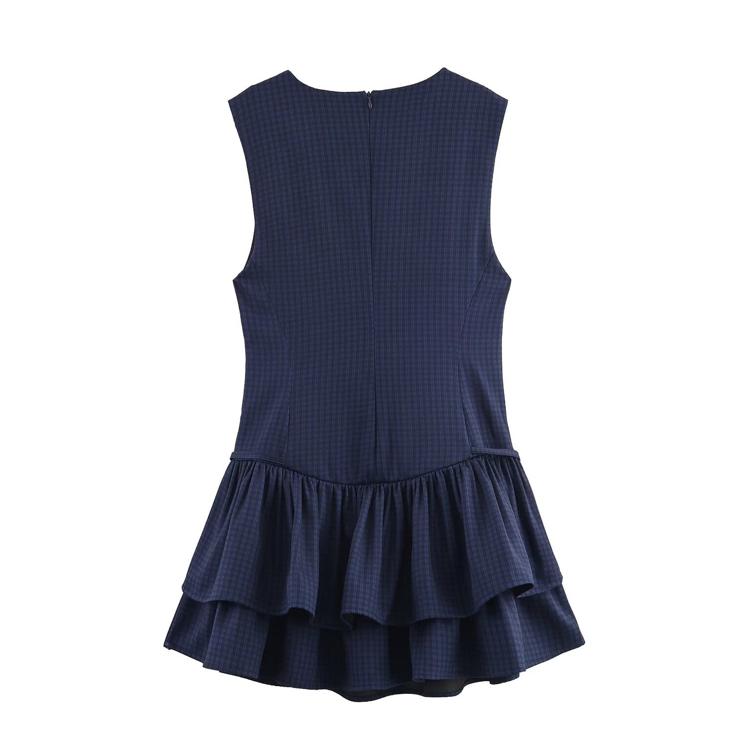 Women's new layered decoration sleeveless plaid mini dress
