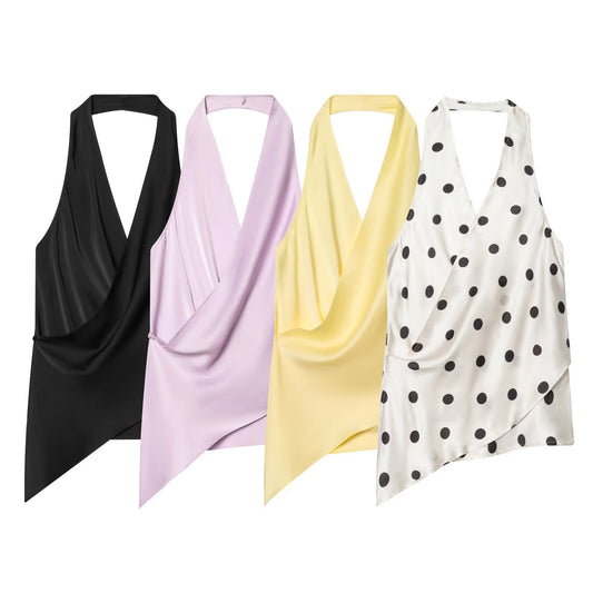 Women's Satin textured polka dot hanging neck top