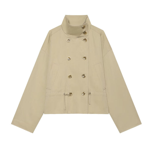 Women's retro stand collar double breasted trench coat
