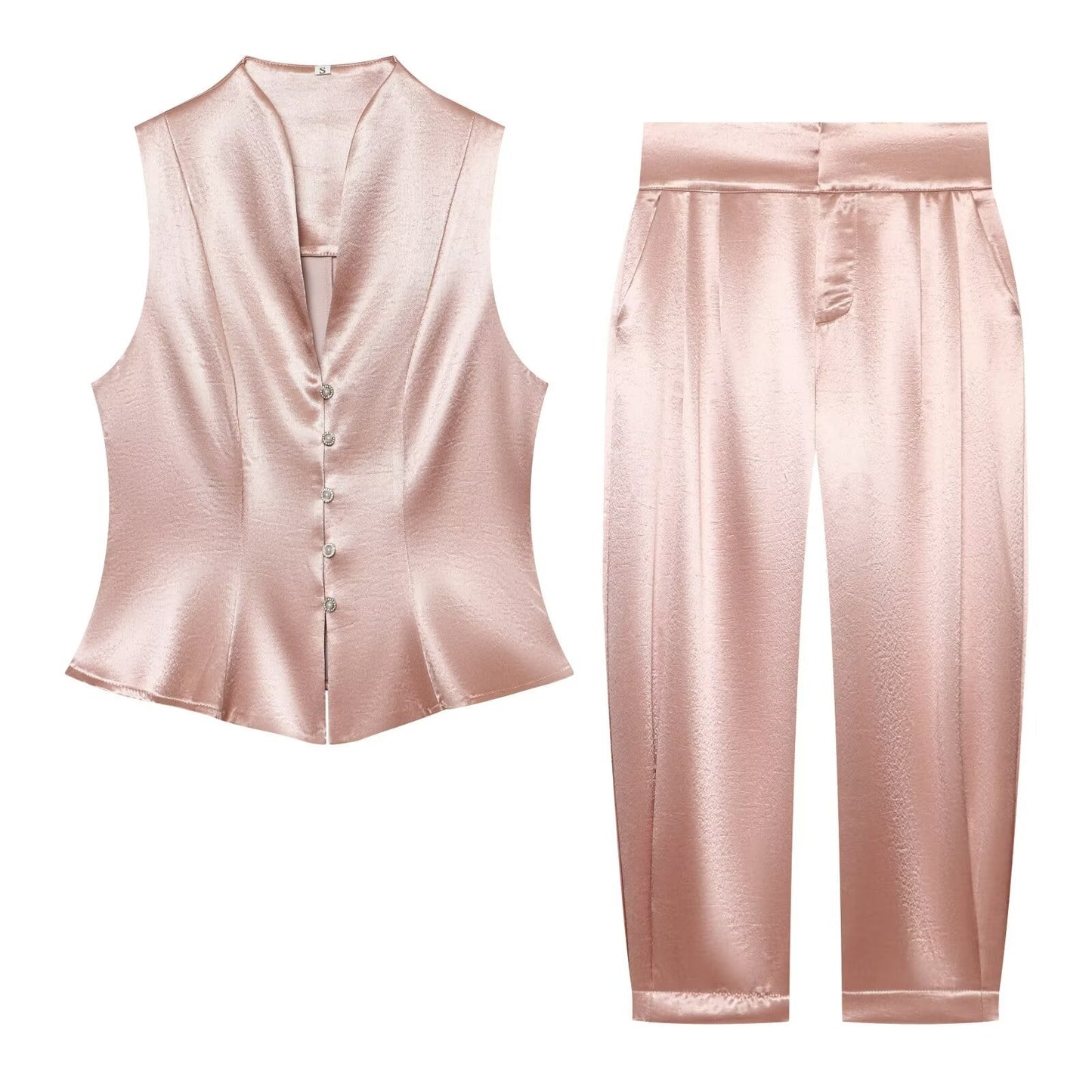 suit Women's 2 pieces button decoration satin textured top+Pants