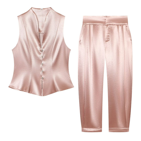 suit Women's 2 pieces button decoration satin textured top+Pants