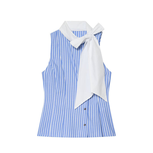 Women's bow decoration striped sleeveless shirt