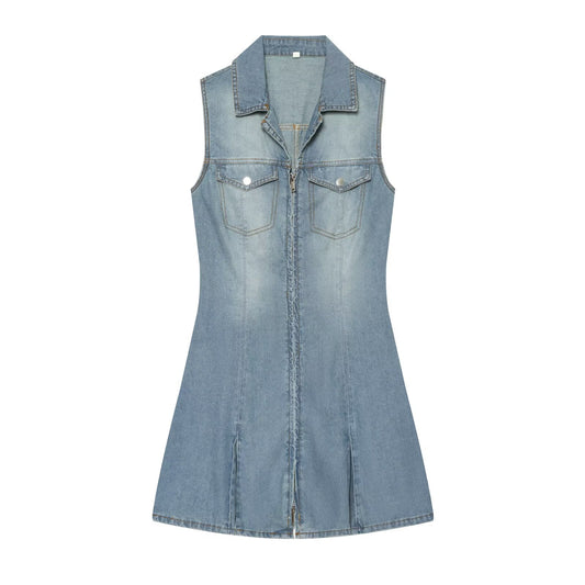 Women's sleeveless lapel denim dress