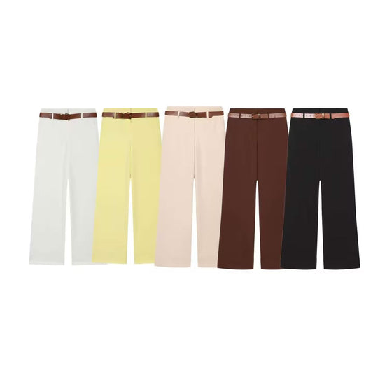 Women's With Belt high waisted straight leg rolled edge pants