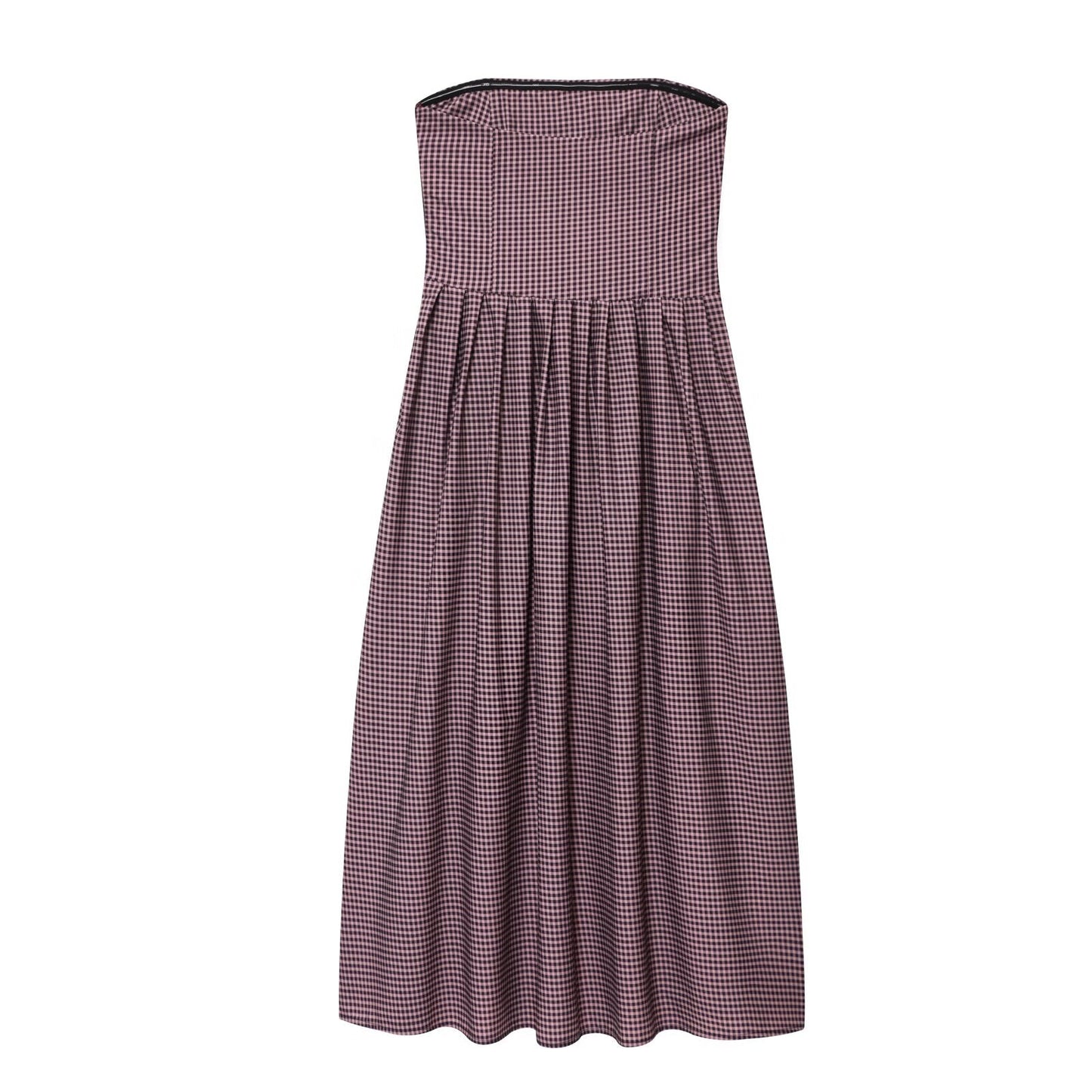 Women's new fashion pleated decorative plaid strapless MIDI dress