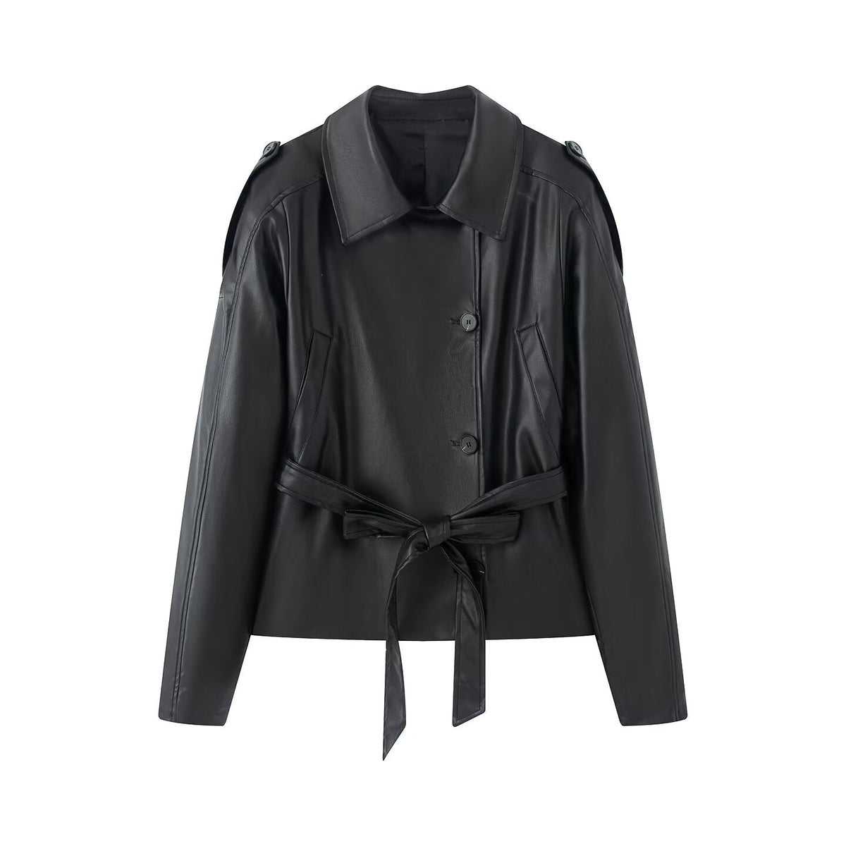 Women's with belt faux leather windbreaker Coat