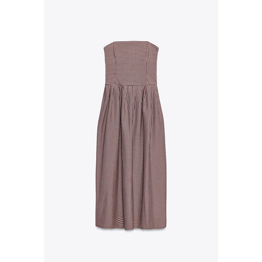 Women's Summer Fashion plaid strapless Midi Dress