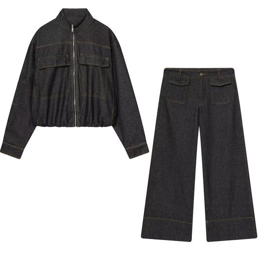 suit Women's 2 pieces standing collar quilted pilot jacket Coat+ jeans