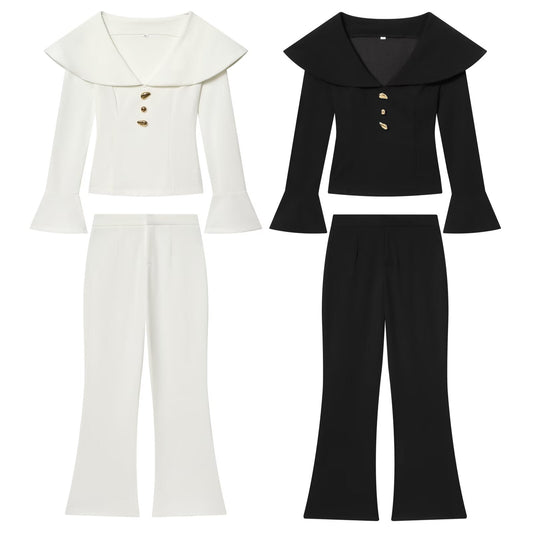 suit Women's 2 pieces short V-neck slim top+Pants