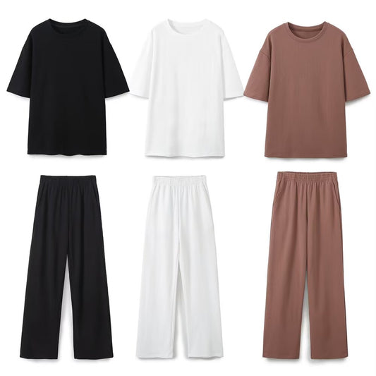 suit Women's 2 pieces washed double-sided fabric T-shirt+pants