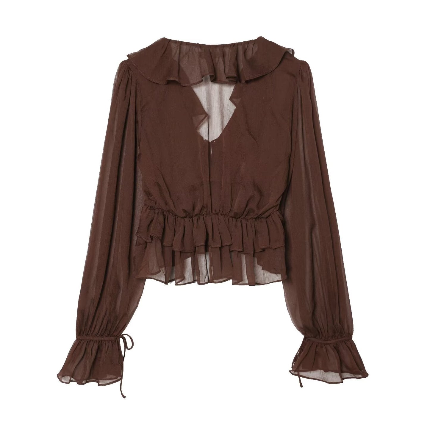 Women's slightly transparent ruffled V-neck top