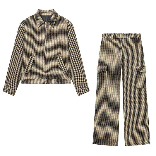 suit Women's 2 pieces lapel plaid pilot jacket Coat+Pants