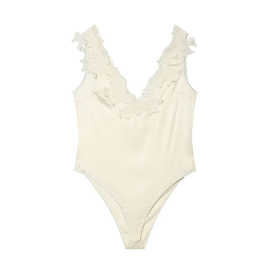 Women's lace decorated satin textured bodysuit