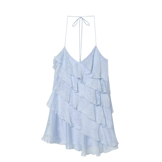 Women's layered decorative hanging neck mini dress