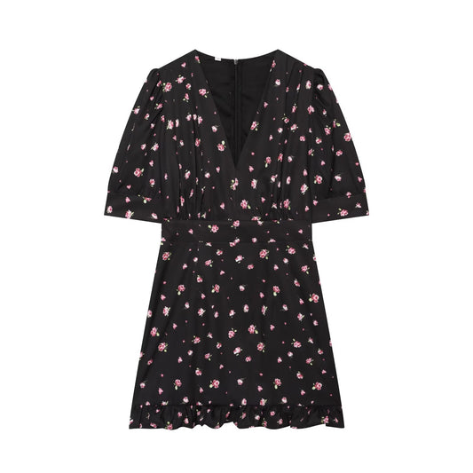 Women's slim V-neck printed mini dress