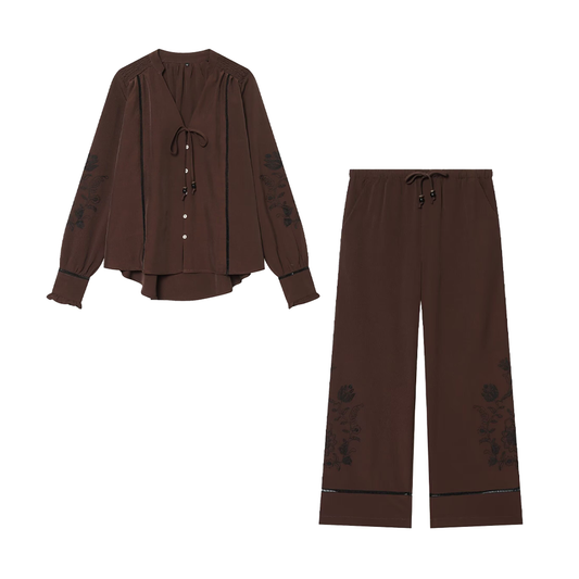 suit Women's 2 pieces lace up decorative embroidered shirt+pants