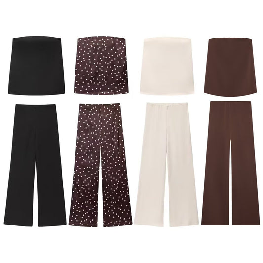 suit Women's 2 pieces satin textured polka dot strapless top+Pants