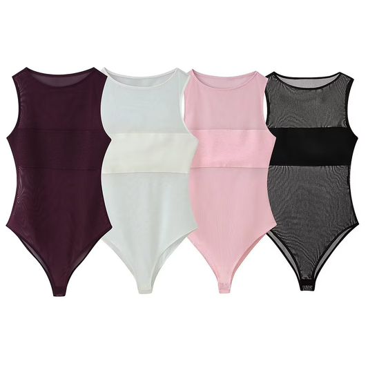 Women's sexy patchwork tulle bodysuit
