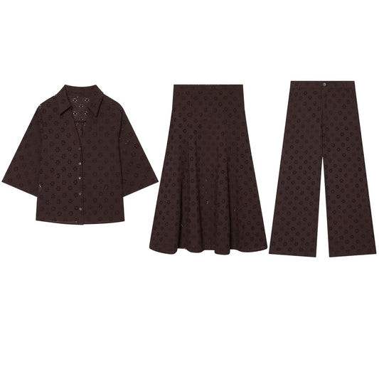 suit Women's 2 pieces hollowed out embroidered shirt+Pants+Skirts