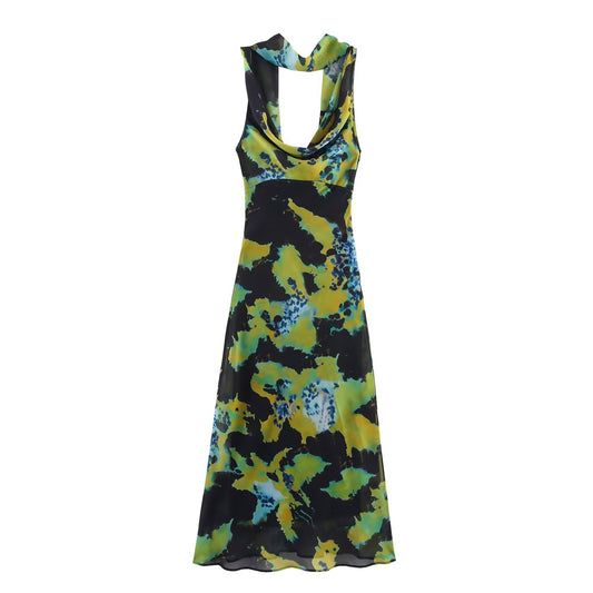 Women's chic Fashion Thin Scarf Decorative Printed Midi Dress